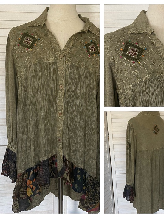 Young Threads Tops - Young Threads Boho Olive Green Mixed Patterns Embellished Embroidered Top XL NWT